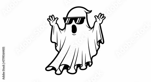 A simple black and white illustration of a cartoon ghost wearing sunglasses with a surprised expression.