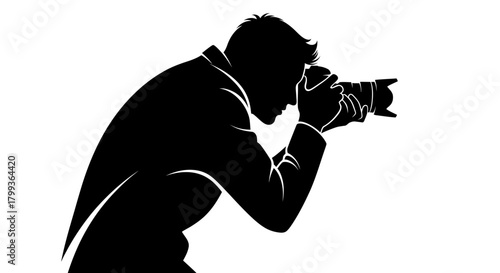Silhouette of a photographer taking a picture with a camera, side view, isolated on white background.