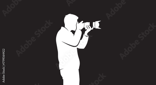 White silhouette of a photographer taking a picture with a professional camera on a black background.
