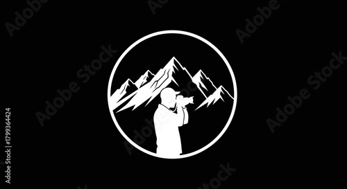 A black and white logo featuring a photographer taking a picture of mountains inside a circle.
