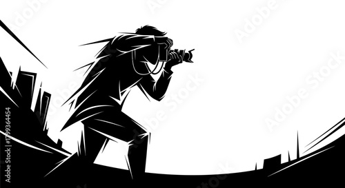 A dynamic black and white silhouette illustration of a photographer in action, capturing a moment with a camera against a stark, abstract background.
