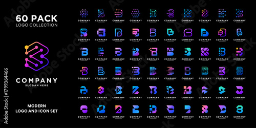 Mega logo collection with initial letter B logo design. Modern minimal logo icon vector isolated on black background.
