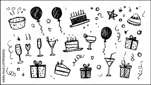 Party elements: balloons, cake, drinks, and gifts in a black and white sketch style. This vector illustration features a fun set for celebrations.