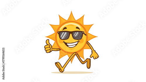 Cartoon sun character wearing sunglasses giving a thumbs up.