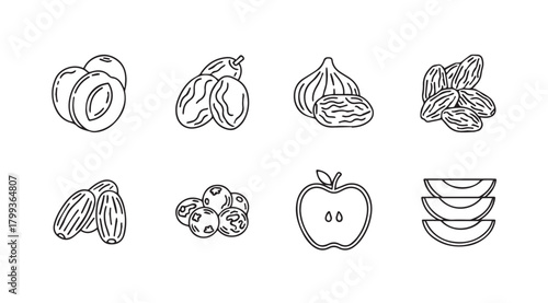 Collection of dried fruits and nuts in a stylized silhouette illustration