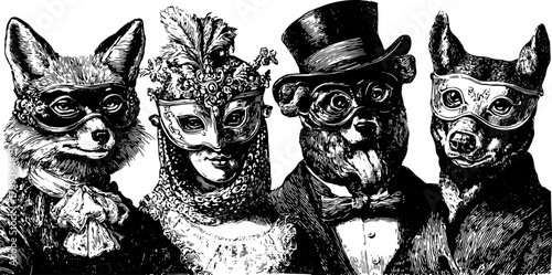 Vintage animals in masks illustrated in a unique style. This hand-drawn vector illustration showcases elegant costumes in a creative set.