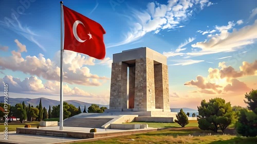 Dramatic panorama of the ?anakkale Martyrs' Memorial with a bright Turkish flag waving
