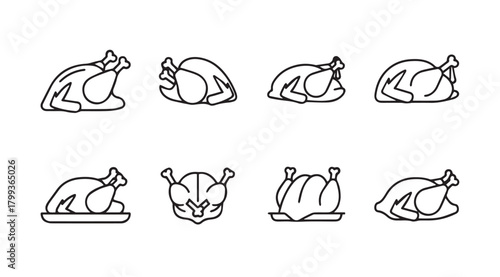 Collection of eight roasted chicken silhouettes in various poses