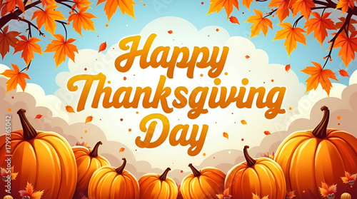 Vintage-style illustration featuring rustic pumpkins, dried leaves, and ornate Happy Thanksgiving Day typography