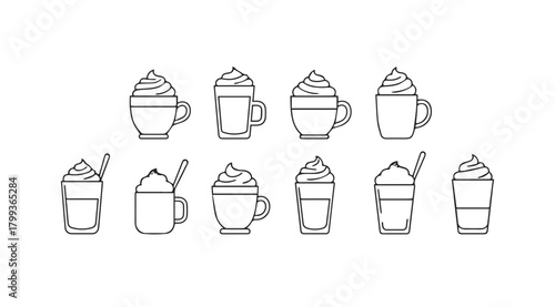 Collection of hand drawn coffee drinks with whipped cream silhouette
