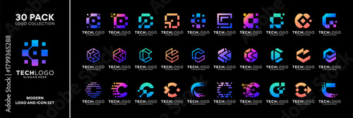 Set of initial letter C technology logo design inspiration. Geometric abstract logo icon vector isolated on black background.