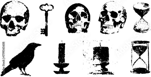 Skull, crow, and hourglass in black vector illustration. Vintage design features simple silhouettes and dark themes in a cohesive set.