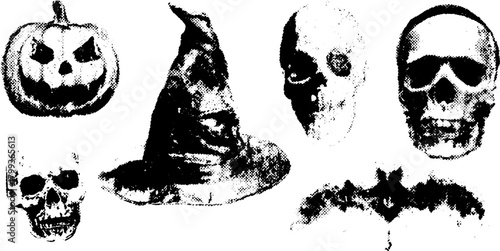 Pumpkin, hat, and skull silhouettes in vintage engraving style. Black vector illustration set for Halloween themes.