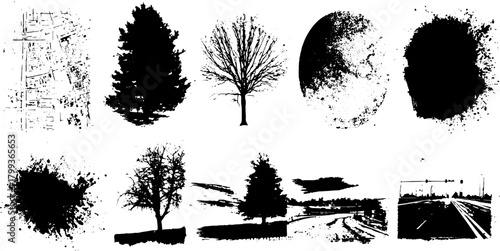 Tree silhouettes in black and white. Abstract vector illustration of trees and landscapes in graphic style.