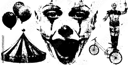 Clown vector illustration in vintage style. Retro print featuring balloons and a performer on a bicycle for entertainment in this hand-drawn set.