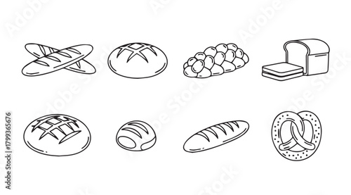 Collection of hand drawn bakery bread and pretzel silhouette icons