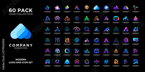 Mega logo collection with initial letter A logo design. Modern minimal logo icon vector isolated on black background.