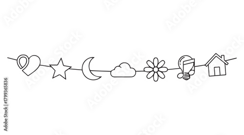 Whimsical garland of diverse shapes including heart star moon cloud flower candy cane house silhouette