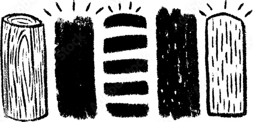Hand-drawn silhouette outline illustrations of wood textures. Features various shapes and patterns in a black vector illustration set.