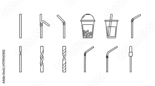 Collection of various drinking straws and bubble tea cups in a simple line art silhouette