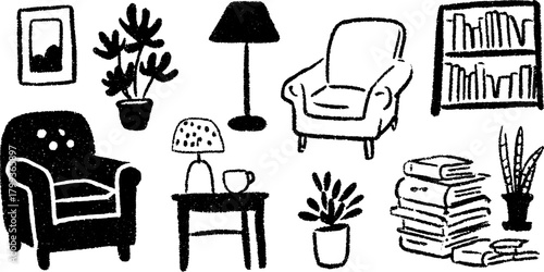 Furniture set with a chair, lamp, table, and books. Featuring plants and a bookshelf in a cozy, modern vector illustration.