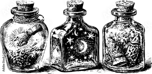 Vintage bottles with engraved details showcasing a claw and celestial elements. High-quality vector illustration set with black line drawing.