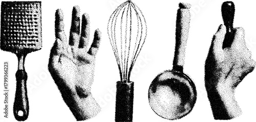 Set of cooking hand tools including a grater, whisk, and ladle. Vintage vector illustration showing detailed outlines and textures.