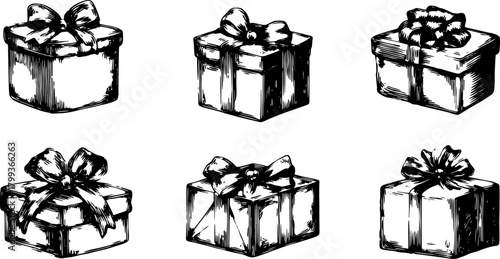 Hand-drawn presents. Gift boxes with bows in black and white vector illustration set for various party and holiday designs.