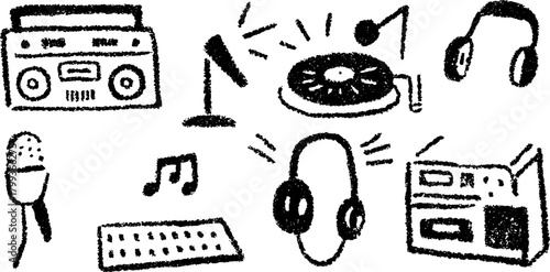 Music audio equipment set. Flat monochrome vector illustration featuring headphones, microphone, vinyl record, and boombox elements.