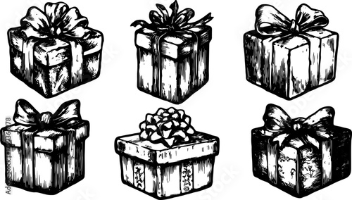 Gift box set with bows in black and white. Simple vector illustration showcasing various decorative designs.
