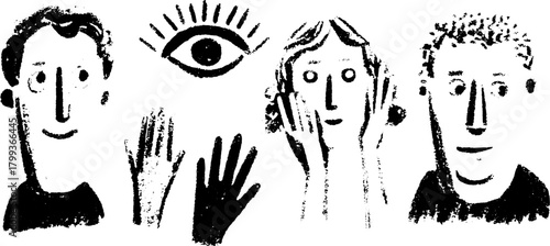 Silhouette characters in hand-drawn style. Black and white outline illustration of expressions and hand gestures in a vector set.