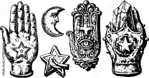 Hand illustrations featuring stars, moon, eye, and crystal designs. Vintage black and white vector illustration set with spiritual symbolism for protection and energy.