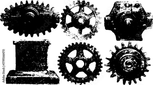 Black and white vintage gear illustrations. Detailed vector illustration set showcasing different mechanisms and industrial elements.