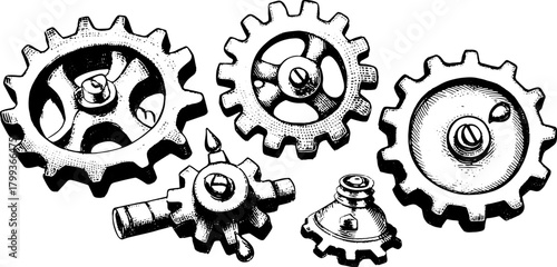 Vintage gear illustration in black and white outline. This mechanical vector showcases a set of various cogs representing engineering and industrial design.