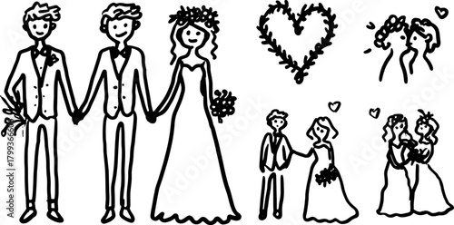 Wedding couple silhouettes in hand-drawn style. Simple black outline vector illustration featuring brides and grooms in a romantic set.
