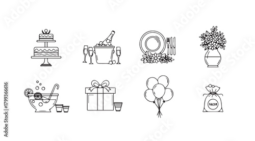 Collection of elegant hand drawn wedding and celebration elements in a sketch silhouette style