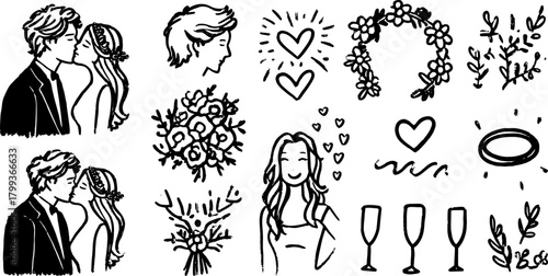 Couple silhouette kissing in an outline style. Hand-drawn wedding vector illustration featuring flowers and hearts in a romantic set.