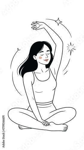 Woman meditating, eyes closed, arm raised, radiating serene inner peace energy Vector