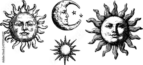 Sun and moon face illustrations in black and white. Vintage line art elements presented as a decorative vector set.