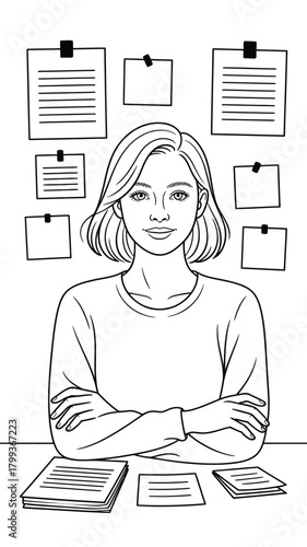Professional woman with short hair, organized workspace, minimalist line art. Vector