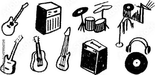 Vector illustration of a set of musical instruments: guitar, drum, amplifier, microphone, and headphones. Simple and bold sketch style in black and white.