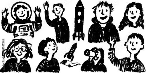 Astronaut and people smiling, waving. Simple black and white vector illustration featuring a rocket and a diverse group in a celebratory set.