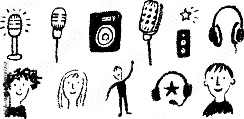 Illustration of microphones and audio equipment in a black and white set. Featuring headphones, speakers, and people in a simple vector style.