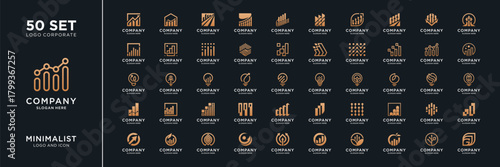 Mega logo collection. Financial growth with diagram chart bar logo design inspiration. Geometric abstract logo icon vector isolated on black background.
