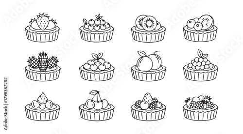 Collection of twelve hand drawn decorative cakes in silhouette style