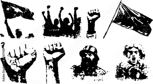 Protest illustration featuring raised fists and flags in monochrome. This vector art represents themes of power and social movements set in a graphic style.