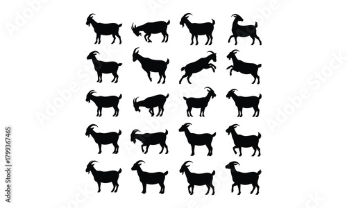 A set of goat silhouettes in multiple natural poses, featuring standing, walking, jumping, and grazing positions. Perfect for farm illustrations, livestock icons, agriculture projects, logo design, ed