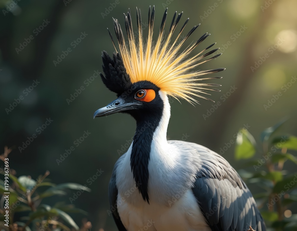 Obraz premium Crowned crane bird with golden yellow head feathers. Ornithology subject with striking orange eye and black neck accent. Wild savanna fauna close up.
