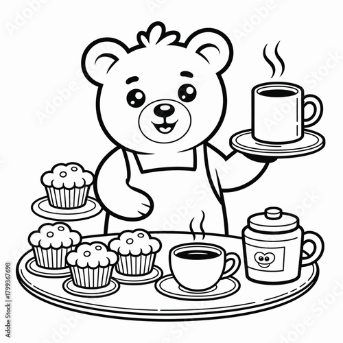 Friendly cartoon bear chef serving hot coffee and sweet cupcakes on a tray Vector