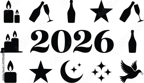 A celebratory new year greeting card design with the year 2026 and festive icons in black